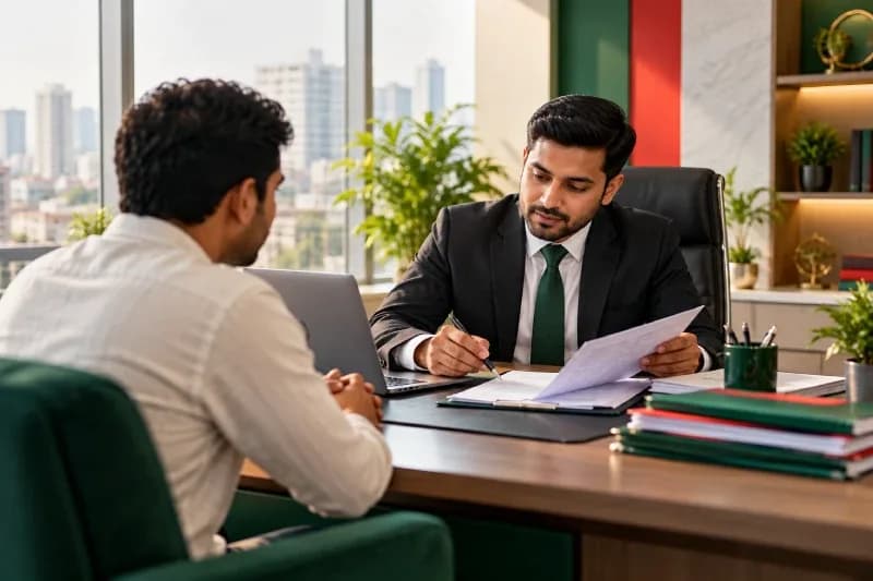 সার্ভিস৭১ অফিসে একজন কনসালট্যান্ট ক্লায়েন্টের নথিপত্র পর্যালোচনা করছেন